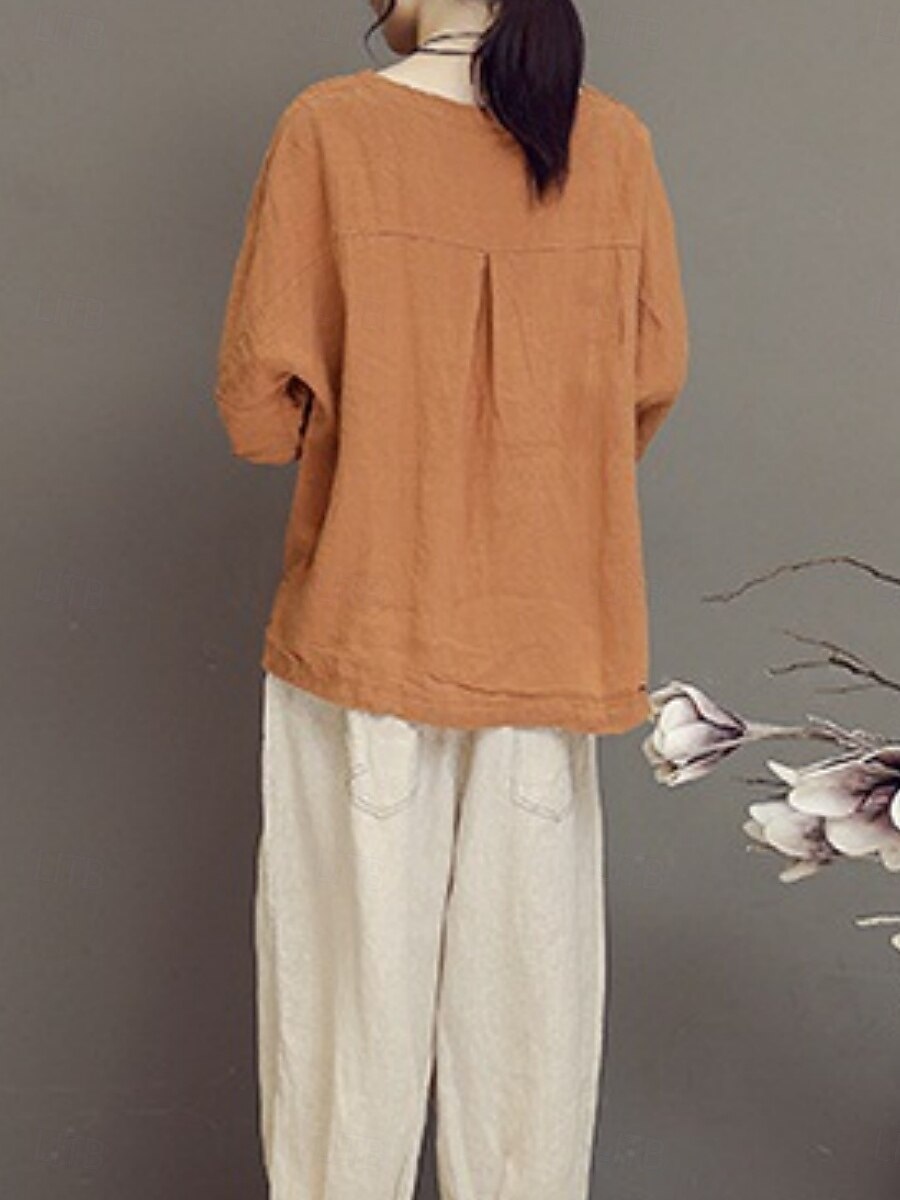 Damen Hemd Bluse Baumwoll-Leinen-Hemden Geometrisch Basic Lässig Dreiviertelarm Rundhalsausschnitt Normale Oberteile Täglich Patchwork Weiß Braun Grün Sommer Frühling 2025 - $21.99 –P13