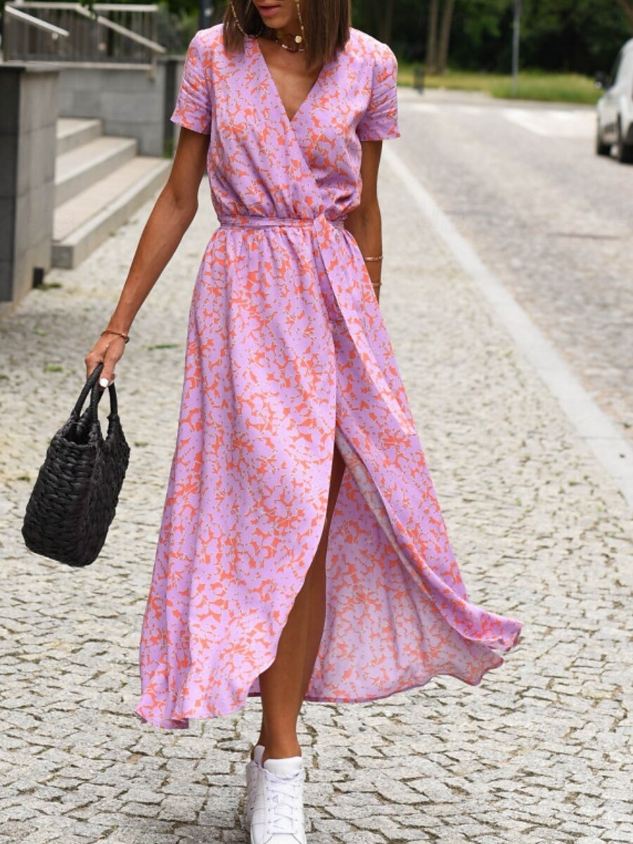 Femme Robe Maxi Robe casual Robe Portefeuille Robe Trapèze mode Décontractées Vacances du quotidien Standard Floral Manche Courte Col V Rose Claire Rouge Eté de 2025 ? $27.99 –P11