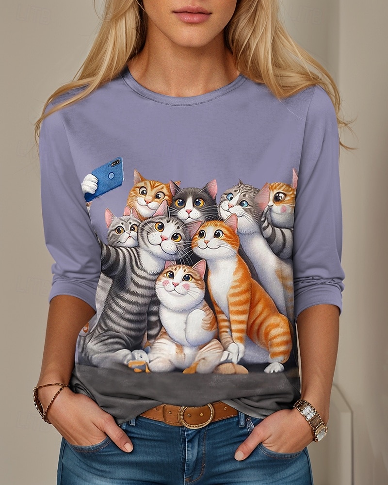 Per donna Maglietta Animale Casual Manica Lunga Girocollo Top Regolari Quotidiano Stampato Viola Primavera Autunno del 2025 a $22.99 –P2