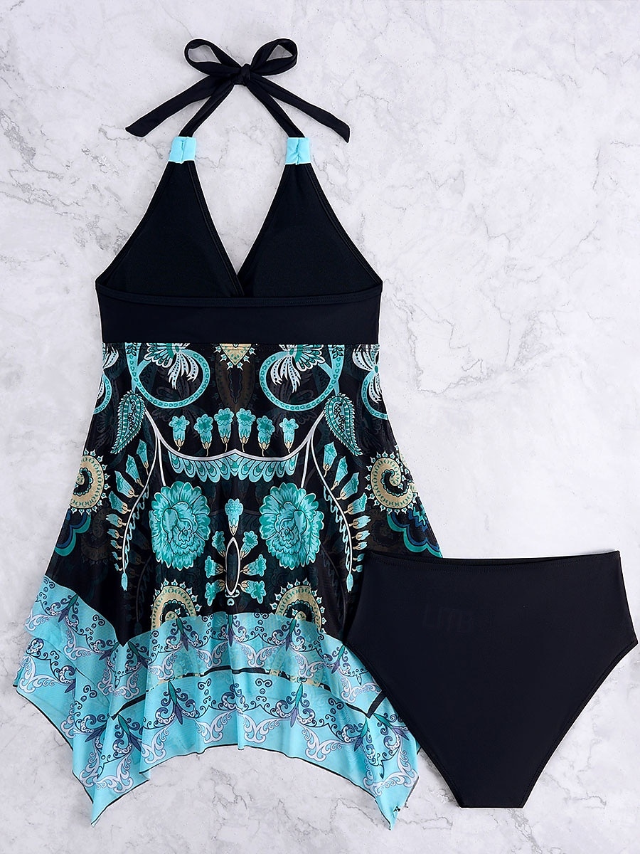 Kvinnors badkläder simklänningar 2-delad Cheeky Tankini baddräkt utan rygg hög midja smal semester strandkläder grafisk halter-hals ärmlösa baddräkter 2025 - $34.99 –P7