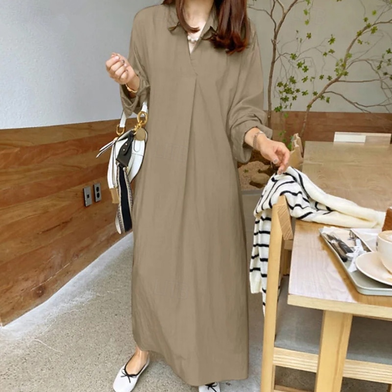 Women's Long Dress Maxi Dress Linen-feel Dresses Faux Cotton Linen Shift Dress Shirt Dress Stylish Casual Daily Vacation Date Regular Fit Plain Long Sleeve Lapel Black Wine Khaki Army Green Summer 2026 - $31.99 –P10