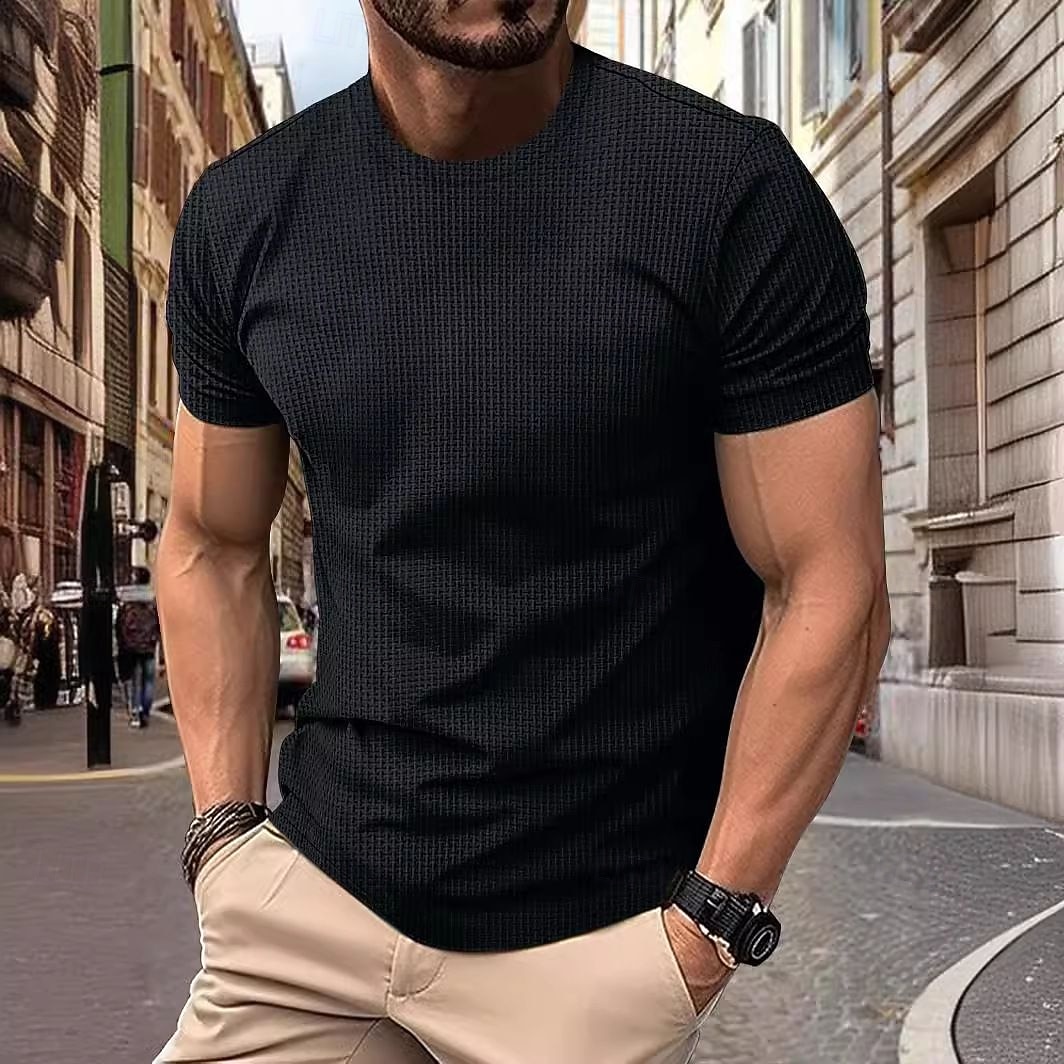 Men's Waffle Tee Cool Shirt Tee Top Short Sleeve Crew Neck Summer Striped Fashion Crewneck Work Office / Career Casual Black White Gray Top Tee for Men 2026 - $22.99 –P4