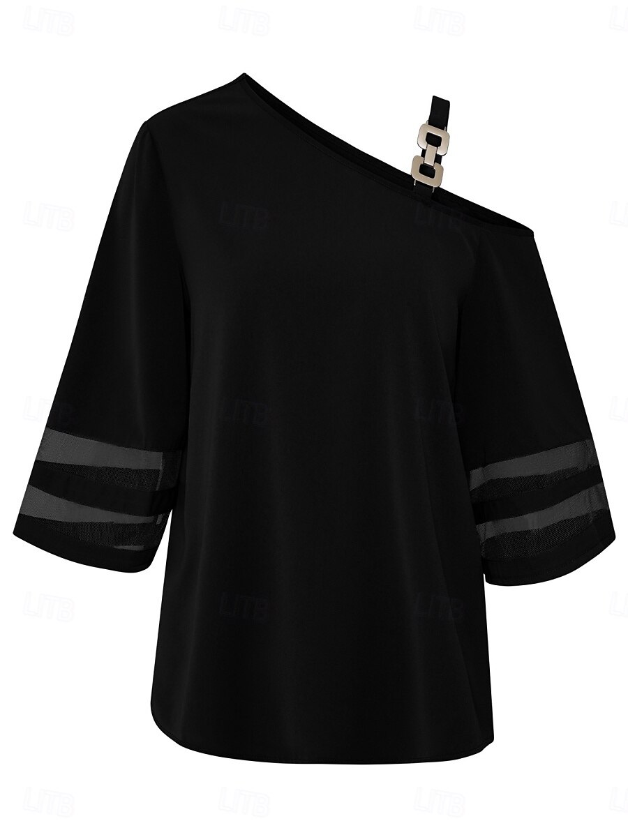 Damen Hemd Bluse Glatt Stilvoll Brautkleider schlicht 3/4 Ärmel kalte Schulter Normale Oberteile Täglich Patchwork Schwarz Blau Sommer Frühling 2025 - $27.99 –P4
