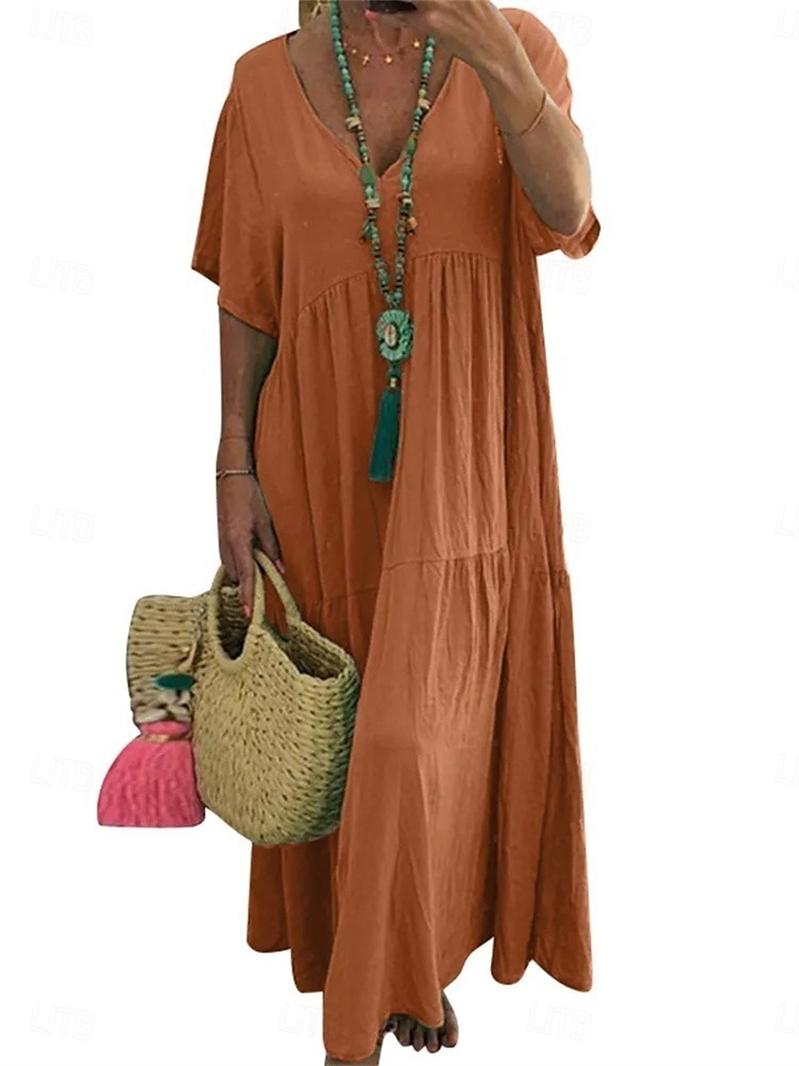 Damen Maxikleid Baumwoll-Leinen-Kleider Freizeitkleid Basic Lässig Urlaub Täglich Lässiger Schnitt Einfach Kurzarm V Ausschnitt Orange Grün Khaki Dunkelblau Sommer Frühling 2025 - $28.99 –P9