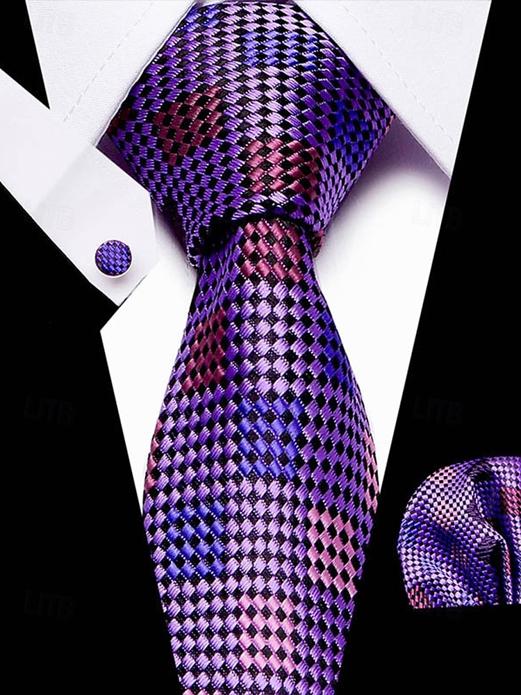 pánská fialová kostkovaná hedvábná kravata a kapesní souprava – stylová a elegantní, ideální pro svatby, obchodní a formální příležitosti 2025 - $14.99 –P1