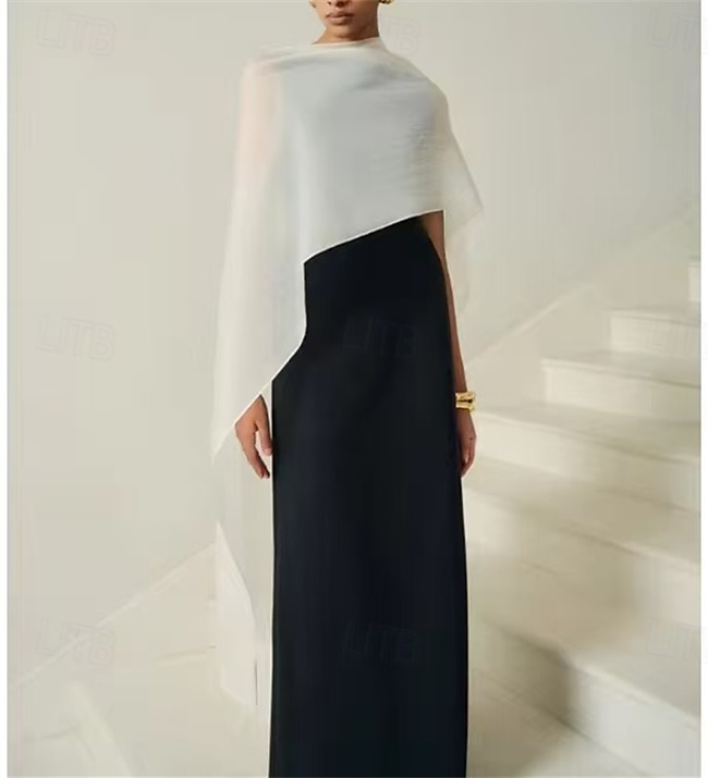 Šaty těsného střihu/sloupec večerní šaty elegantní šaty večerní party černá kravata gala délka k podlaze bez rukávů kulatý výstřih odnímatelná bavlněná směs lněný záda s třásněmi šál 2025 - $159.99 –P3
