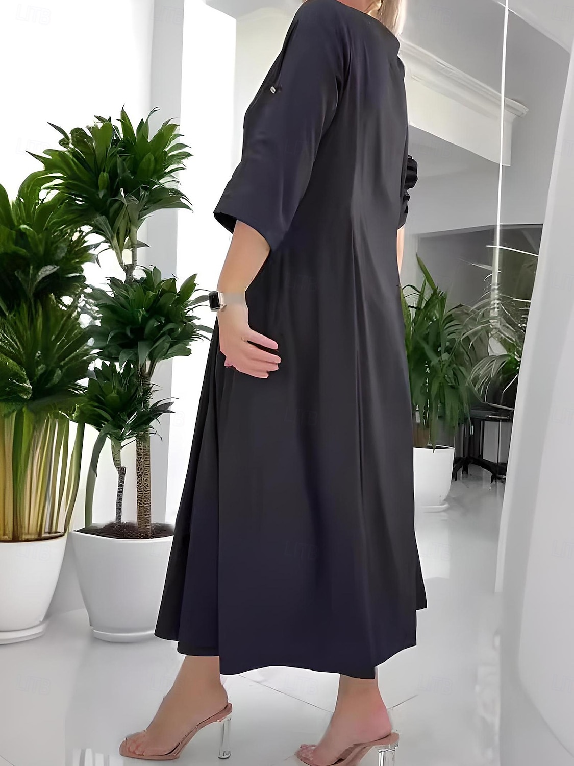 Dame Lang kjole Maxikjole Uformell kjole Arbeidskjole Elegant Stilfull Fritid Feriereise Bryllupsgjest Arbeid Normal عادي 3/4 ermer V-hals Svart Sommer Vår Høst 2025 - $29.99 –P3