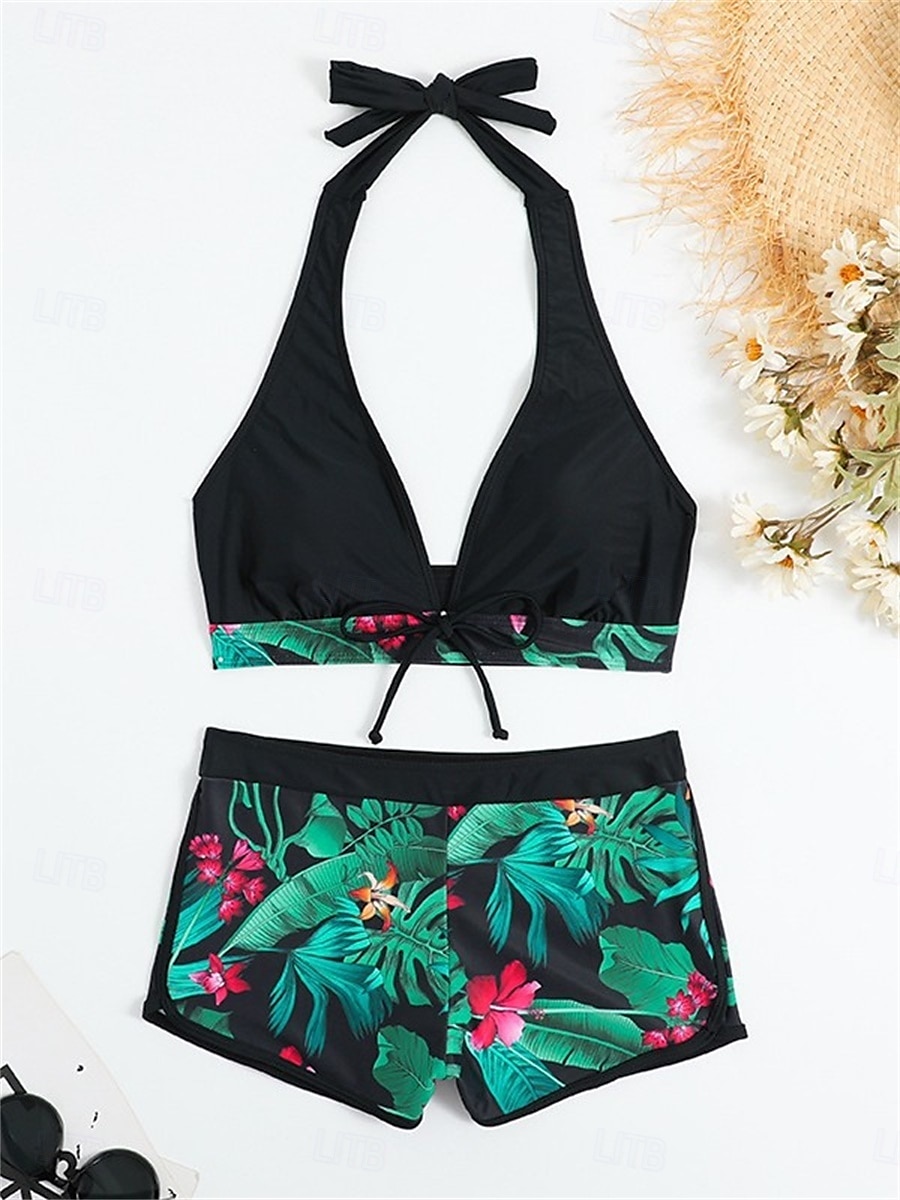 Dam Badkläder Bikini 2 st Pojkeben Baddräkt Öppen rygg Hög midja Smal Semester Standkläder Grafisk Halterneck Ärmlös Baddräkter 2025 - $26.99 –P3
