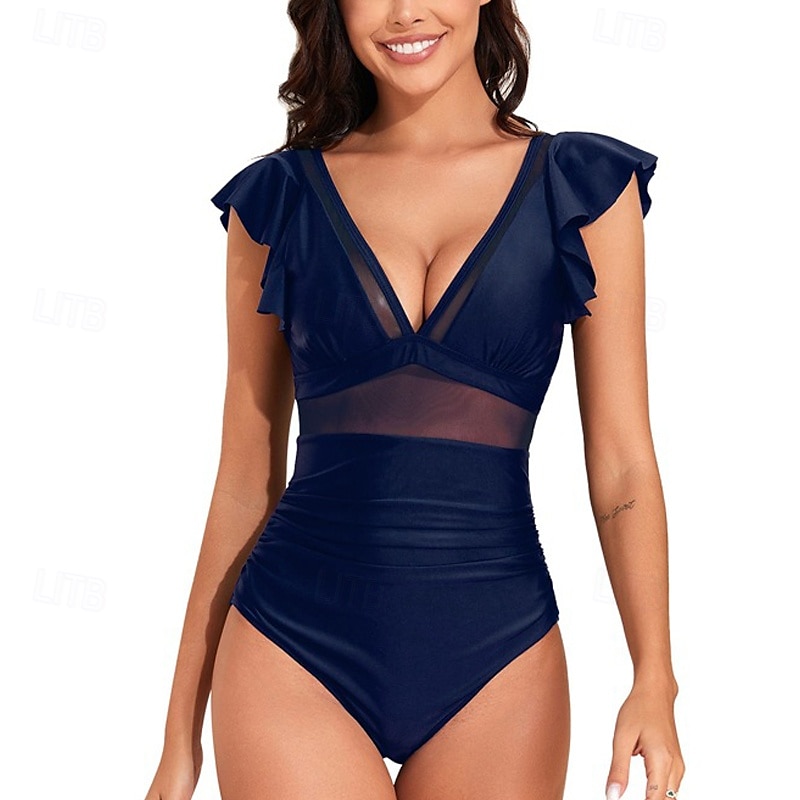 Dam Baddräkt Volang Djup V-hals Badkläder Solid färg Badkläder Svart Rodnande Rosa Andningsfunktion Snabb tork Lättvikt Ärmlös - Simmning Surfing Strand Sommar Vår 2025 - $22.99 –P17