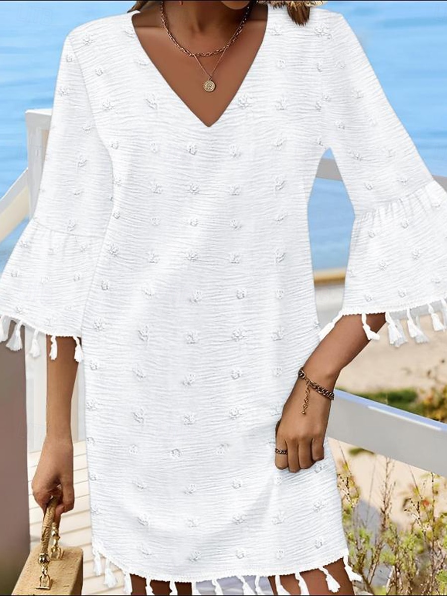 Damen Minikleid Weißes Kleid Brautkleider schlicht Ausgestellter Ärmel Urlaub Täglich Lockere Passform 3/4 Ärmel V Ausschnitt Weiß Hellgrün Sommer 2025 - $31.99 –P8