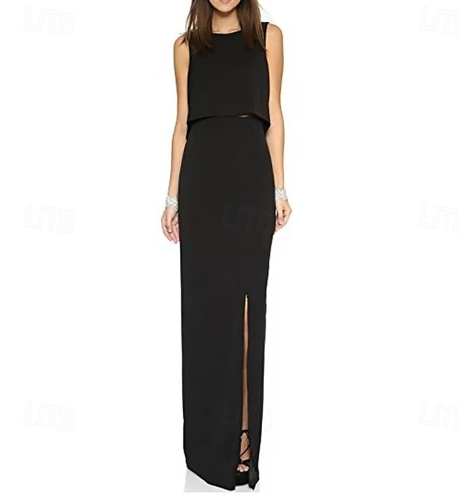 Robe de soirée deux pièces sirène  trompette élégante soirée gala cravate noire longueur complète sans manches col ras du cou mélange de coton sans dos avec fente et frange de 2025 ? $151.99 –P1