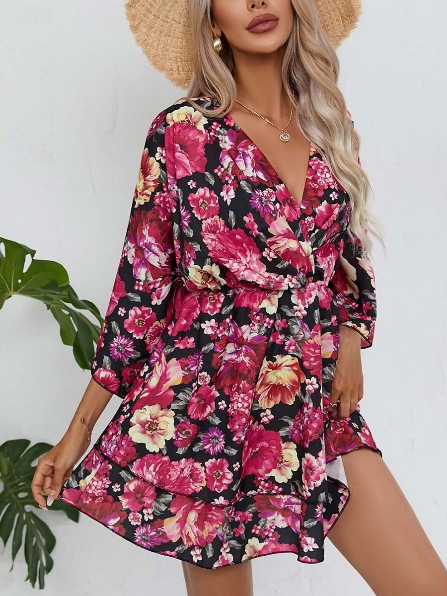 Dames Mini-jurk Casual jurk A lijn jurk Stijlvol Casual Vakantie Dagelijks Normale pasvorm Bloemig 3/4 mouw V-hals Zwart Rood Zomer Lente 2025 - $27.99 –P7