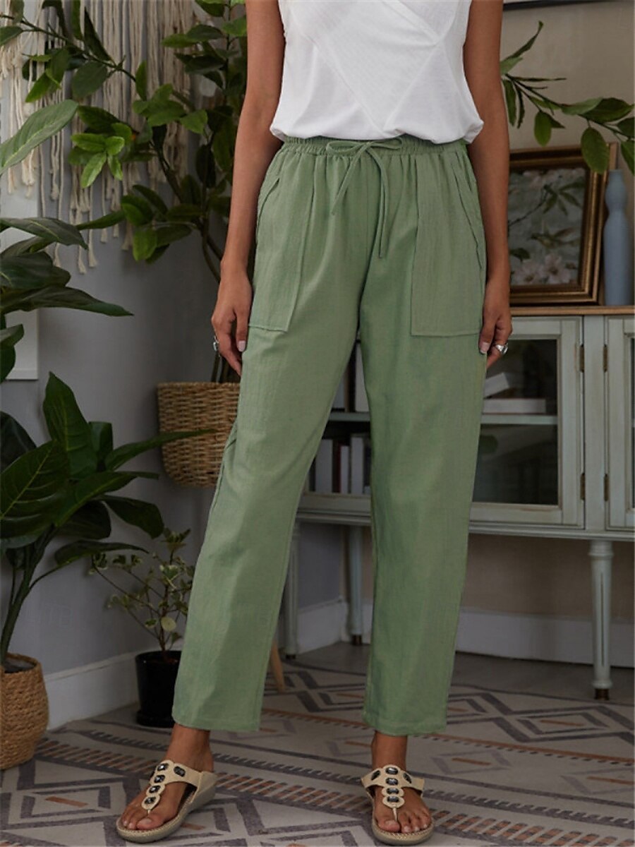 Per donna Pantaloni in cotone e lino Chinos Stile Classico Lunghezza intera Vita Alta Semplice Tasca Fascia Elastica Comodo Morbido Confortevole Micro-elastico All'aperto Streetwear Viola Verde del 2025 a $21.99 –P5