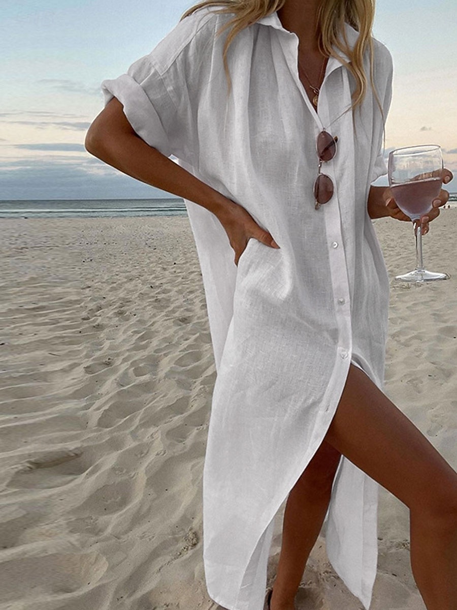 knee length dresses for ladies White Cotton Linen Goddess Kaftan Dress, Deep V Neck Kaftan Dress