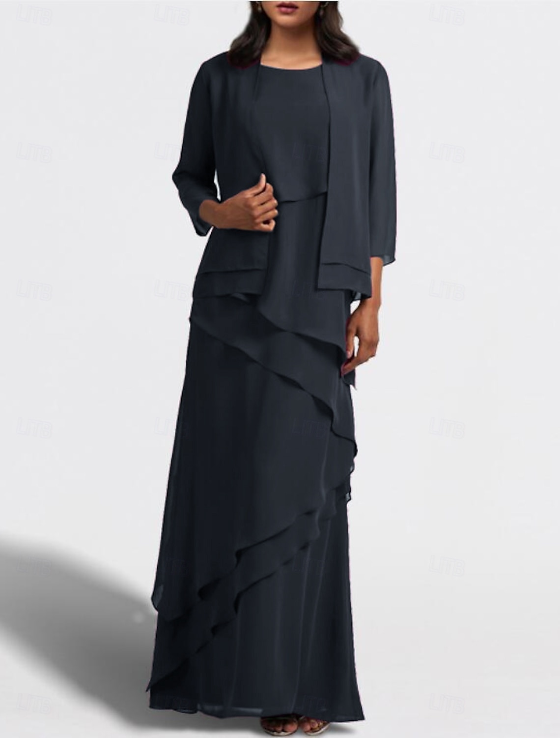 Due Pezzi A-Line Madre della Sposa Abito Ospite di Matrimonio Elegante Collo Gioiello Lunghezza Piena Chiffon Senza Maniche Wrap Incluso con Volant Cascading Colore Solido taglia personalizzata del 2025 a $169.99 –P3