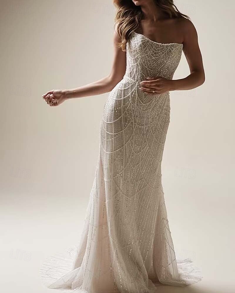 Abiti da Sposa Sirena  Tromba Scollo Quadrato Senza Maniche Strascico Corto in Tulle Completi da Sposa Abiti da Sposa con Perle e Applicazioni del 2025 a $299.99 –P2