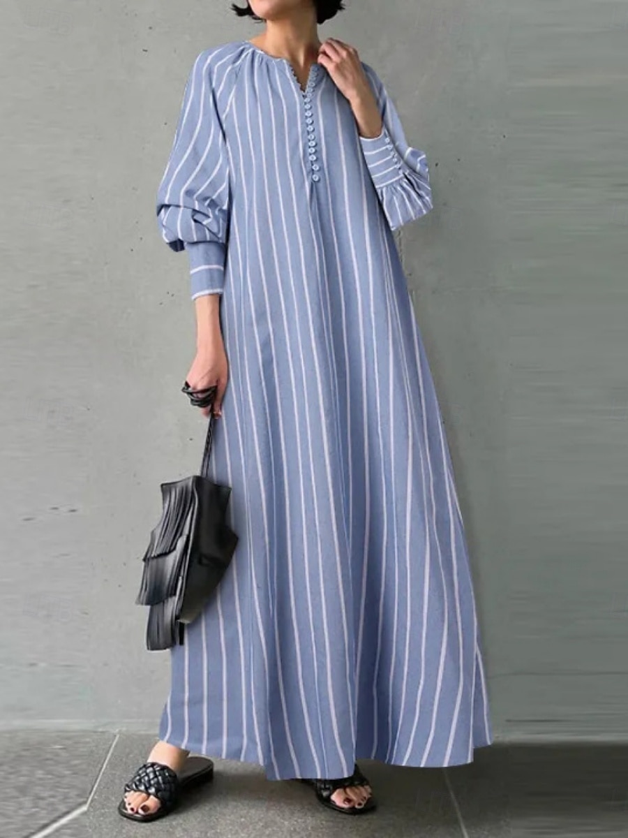 Damen Maxikleid Baumwoll-Leinen-Kleider Freizeitkleid Basic Lässig Urlaub Täglich Normale Passform Gestreift Langarm V Ausschnitt Weiß Blau Sommer Frühling 2025 - $28.99 –P2