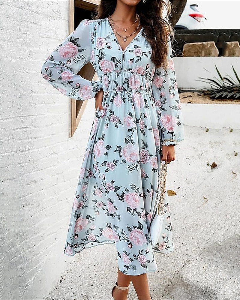 Pentru femei Rochie Lunga Rochie Maxi Rochie casual Rochie A line Rochie florala Rochie de vară Elegant Stilat Vacanță Zilnic Dată Fit regulat Floral Manșon Lung În V Roz Îmbujorat Albastru Deschis 2025 - $27.99 –P1