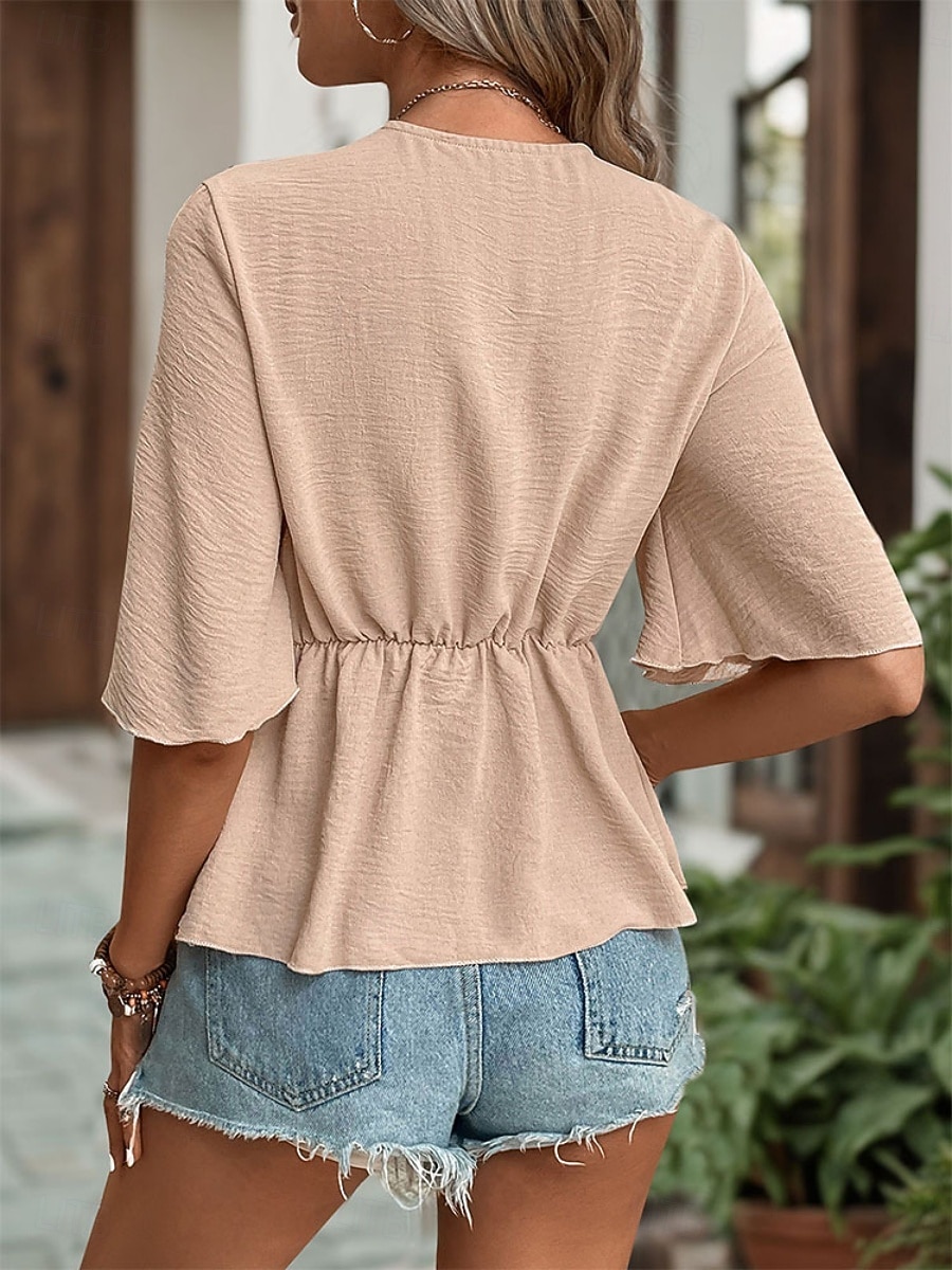 Women's Shirt Blouse Solid Color Stylish Casual Half Sleeve V Neck Regular Tops Daily Tie Front Khaki Summer Spring 2025 - $24.99 –P2