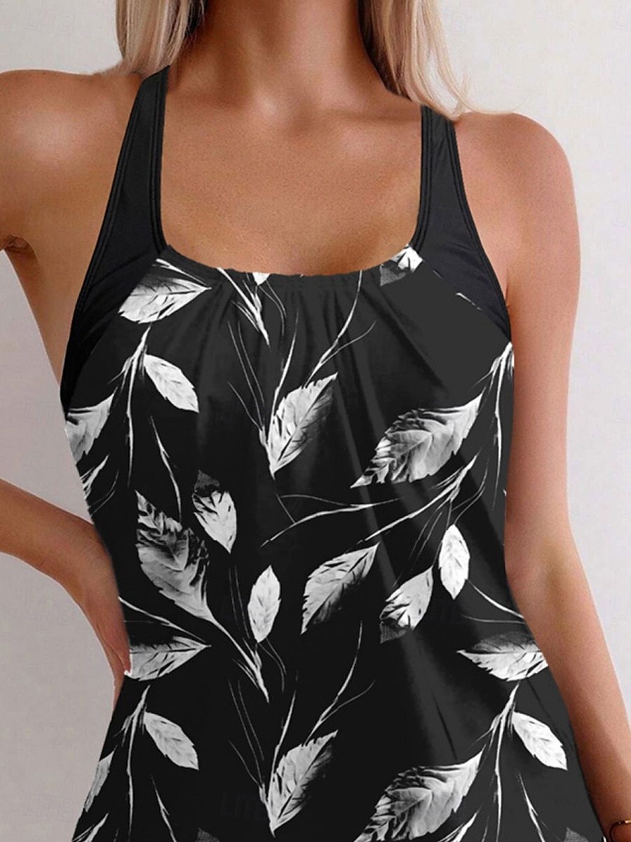 Dam Badkläder Tankini 2 st Pojkeben Baddräkt Öppen rygg Hög midja Semester Standkläder Löv Rund Ärmlös Baddräkter 2025 - $29.99 –P3