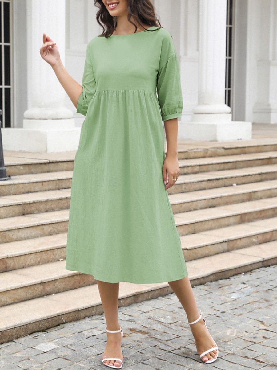 Women's Midi Dress Casual Dress A Line Dress Stylish Basic Casual Vacation Daily Regular Fit Plain 3/4 Length Sleeve Crew Neck White Green Summer Spring 2025 - $25.99 –P7