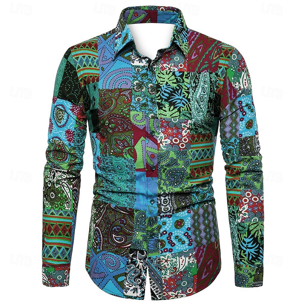 Herren Geometrisch Hemd Boho-Hemd Knopfhemd Langarm Designer Boho Party Kragen Hemdkragen Druck Schwarz Rosa Purpur Grün 2025 - $24.99 –P5