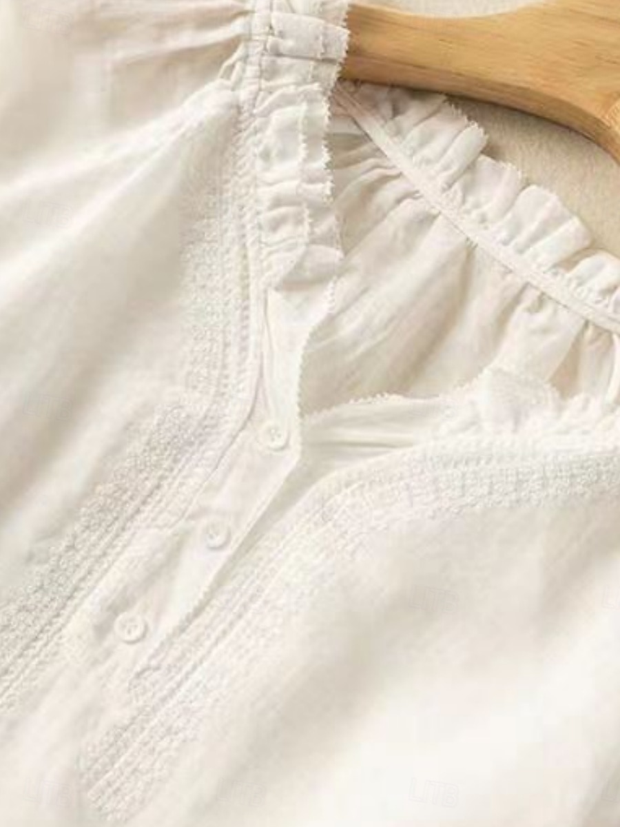 Per donna Camicia Camicie ispirate al lino Blusa Tinta unica Elegante Casual Manica 3/4 Scollo a V Top Regolari Quotidiano Volant Ricamato Bottoni Bianco Blu Estate Primavera Autunno del 2025 a $27.99 –P4