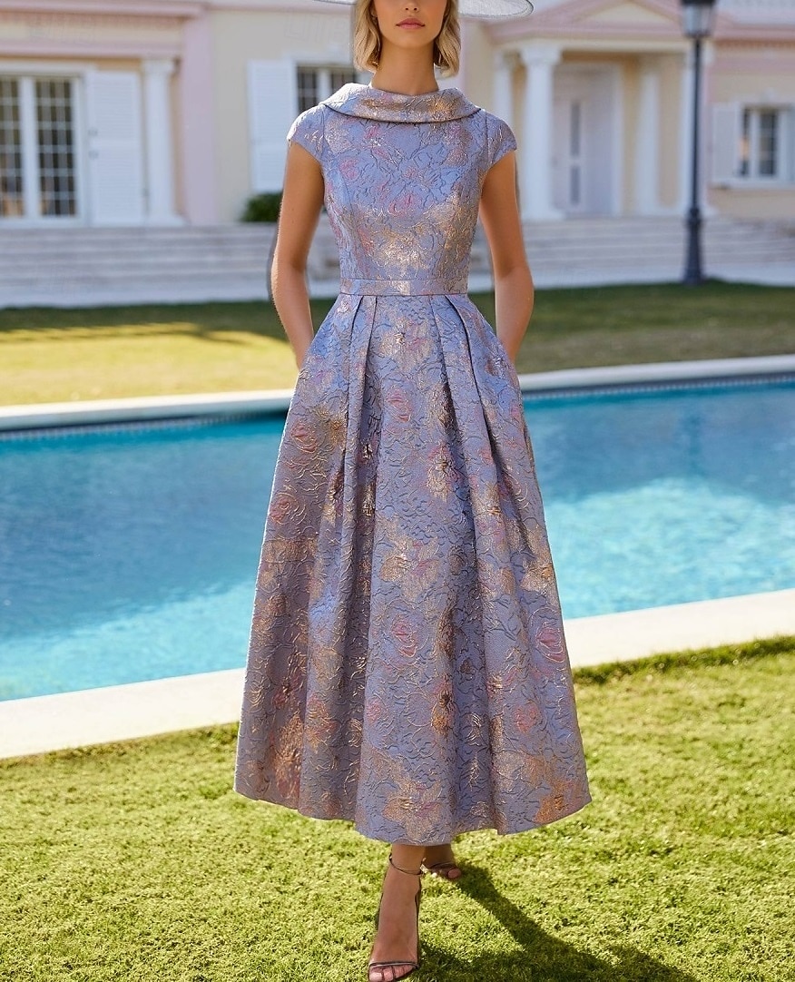 Blumenlila A-Linie Kleid Brautmutter Kleid Elegantes Vintage V-Ausschnitt Knöchellang Polyester Kurzarm mit Stickerei Jacquard Derbykleid Rennsportskleid Hochzeitsgastkleid 2025 2025 - $159.99 –P4
