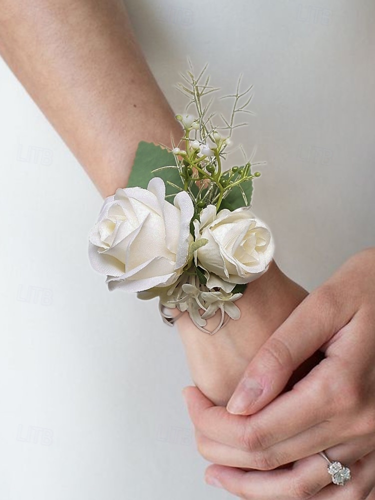 elegant vit ros handled corsage och boutonniere set - konstgjorda blommiga tillbehör för bröllop, tärnor och formella evenemang 2026 - $7.99 –P3