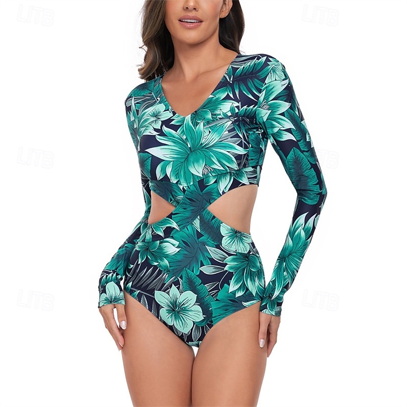 Femme Maillot Anti UV Maillot de bain 1 pièce Protection solaire UV Poids Léger manche longue Le Maillot de corps Maillot de bain Découpé Natation Surf Plage Sports nautiques Floral Imprimé Et de 2025 ? $22.99 –P5