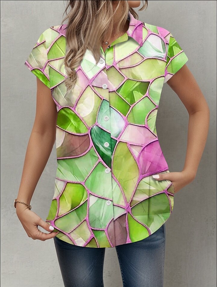 Dames Overhemd Geometrisch Dagelijks Korte mouw Kap Overhemdkraag Lange tops Dagelijks Groen Zomer 2025 - $25.99 –P3