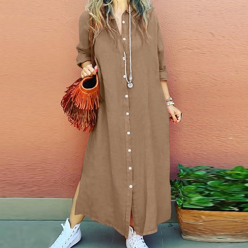 Women's Long Dress Maxi Dress Linen-Inspired Dresses Shirt Dress Casual Dress Cotton Linen Dress Stylish Casual Vacation Daily Date Regular Fit Plain Long Sleeve Lapel Pink Navy Blue Brown Summer 2025 - $26.99 –P2