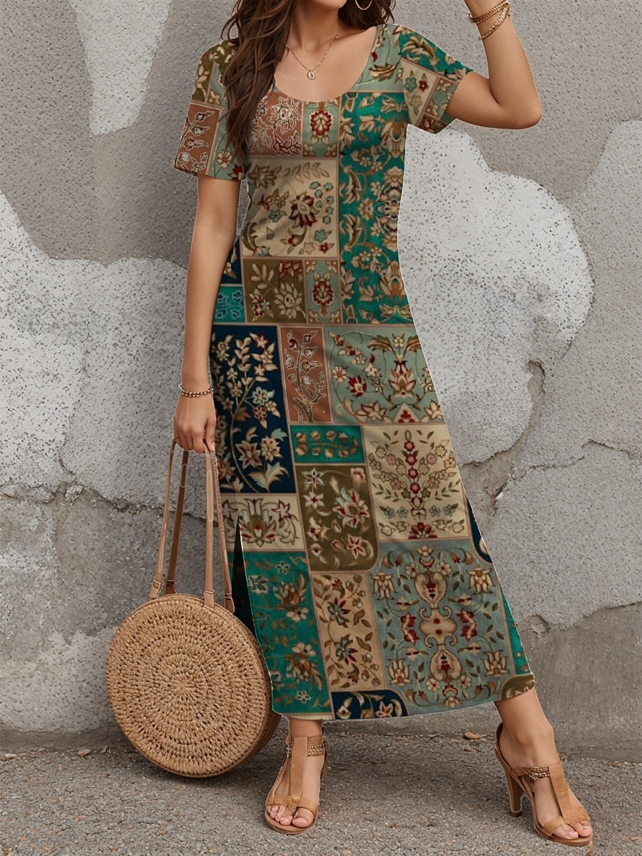 Damen Maxikleid Freizeitkleid Boho Chic Kleider Maxidress Sommerkleid Bohemien Niedlich Stilvoll Urlaub Täglich Strand Normale Passform Grafik Kurzarm Rundhalsausschnitt Grün Sommer Frühling 2025 - $27.99 –P2
