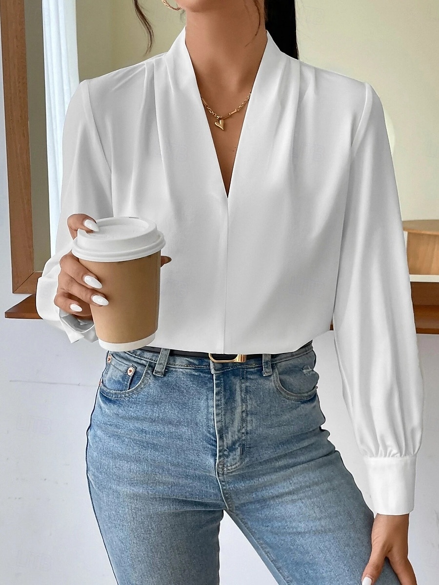 Dame Skjorte Bluse Helfarge Stilfull Fritid Langermet V-hals Vanlige topper Daglig Knapper Lomme Svart Hvit Gul Blå Grønn Sommer Vår 2025 - $31.99 –P1