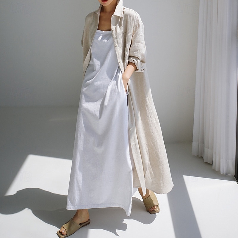 Damen Langes Kleid Maxikleid Leinen-inspirierte Kleider Hemdblusenkleid Freizeitkleid Baumwoll-Leinenkleid Stilvoll Lässig Urlaub Täglich Date Normale Passform Einfach Langarm Revers Schwarz 2025 - $28.99 –P1