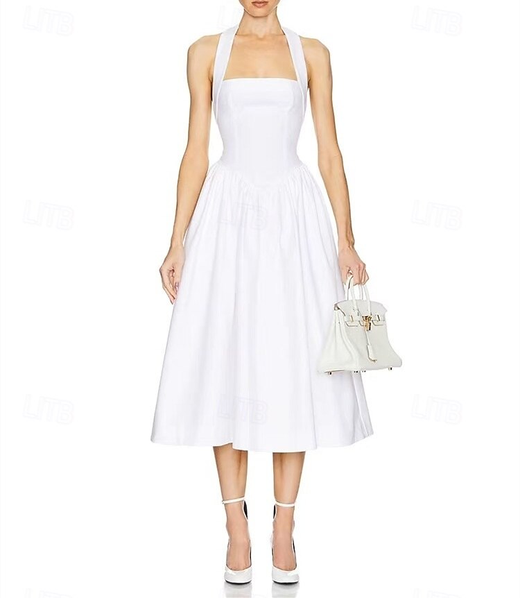 Spiaggia Piccola Laurea Abiti Bianchi Abiti da Sposa Neri A-Line Collo Halter Senza Maniche Lunghezza Tè Abiti da Sposa in Jersey con Pieghe Drappeggio 2025 del 2025 a $187.99 –P3