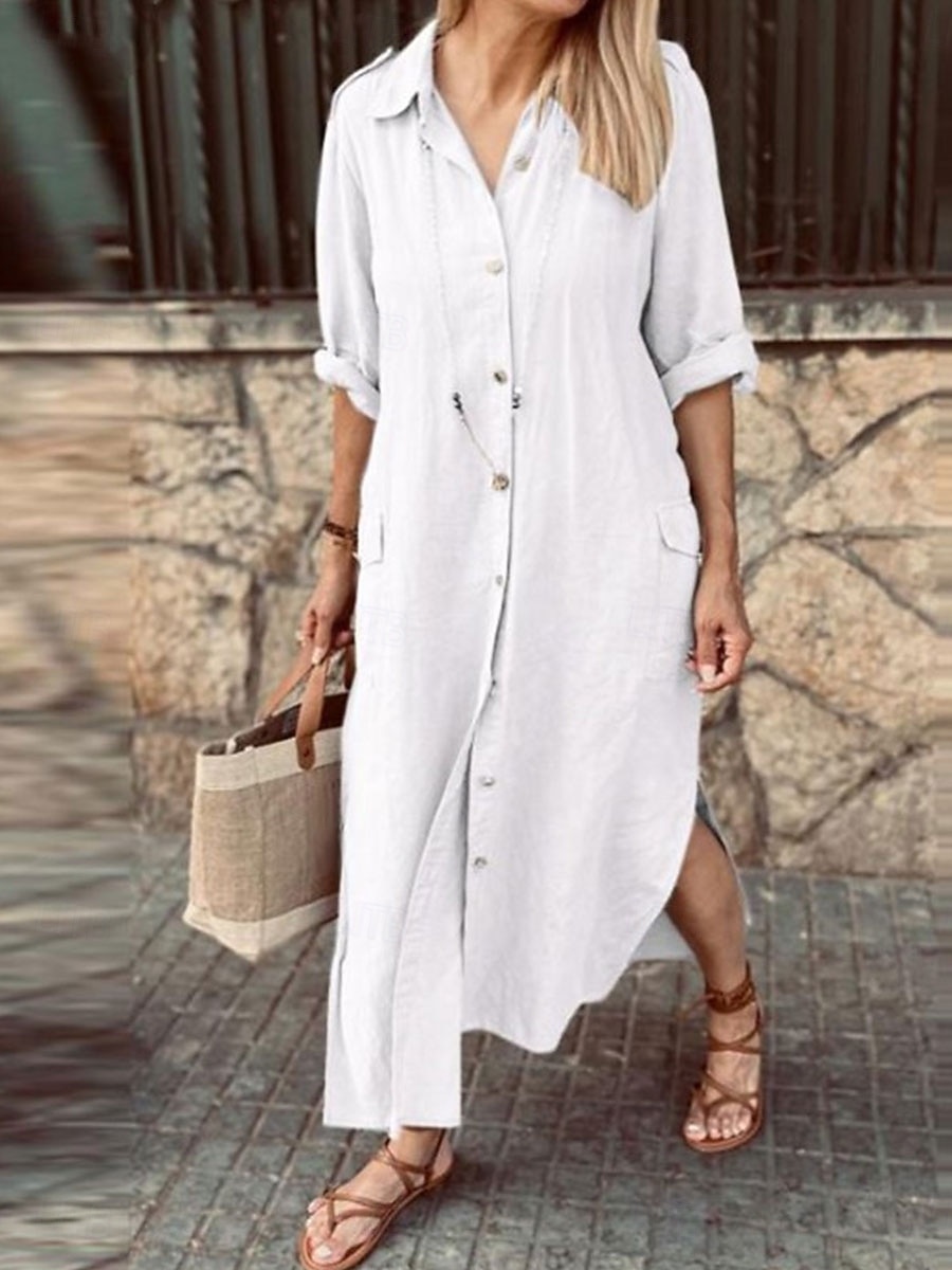 Жен. Длинное платье Платья из хлопка и льна Повседневное платье Элегантный стиль Стиль Классический Отпуск Повседневные Свидание Свободное облегание Полотняное плетение Длинный рукав 2025 - $36.99 –P1