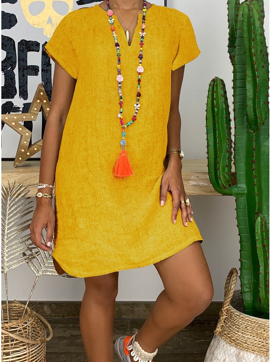 Femmes Mini Robe Robes en coton et lin Robe Décontractée Basique Occasionnel Vacances Quotidien Coupe régulière Uni Manche Courte Encolure en V Noir Blanche Jaune Vert Véronèse Été de 2025 ? $22.99 –P5