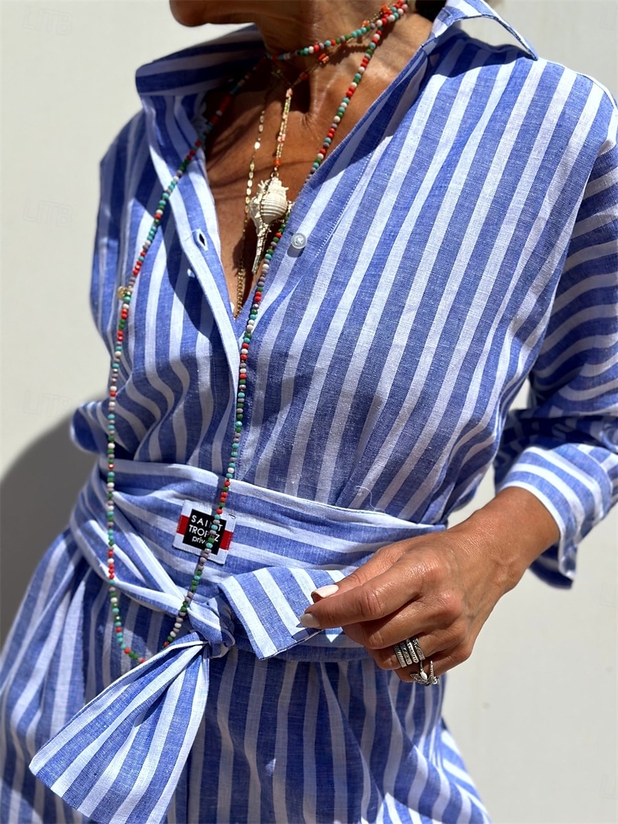 2026年 女性用 ミディドレス カジュアルドレス A ラインドレス ヴィンテージ かわいいスタイル スタイリッシュ バケーション 日常 ルーズフィット 縞 ハーフスリーブ シャツカラー ピンク ブルー 夏 春 秋  コレクション – $34.99 –P4