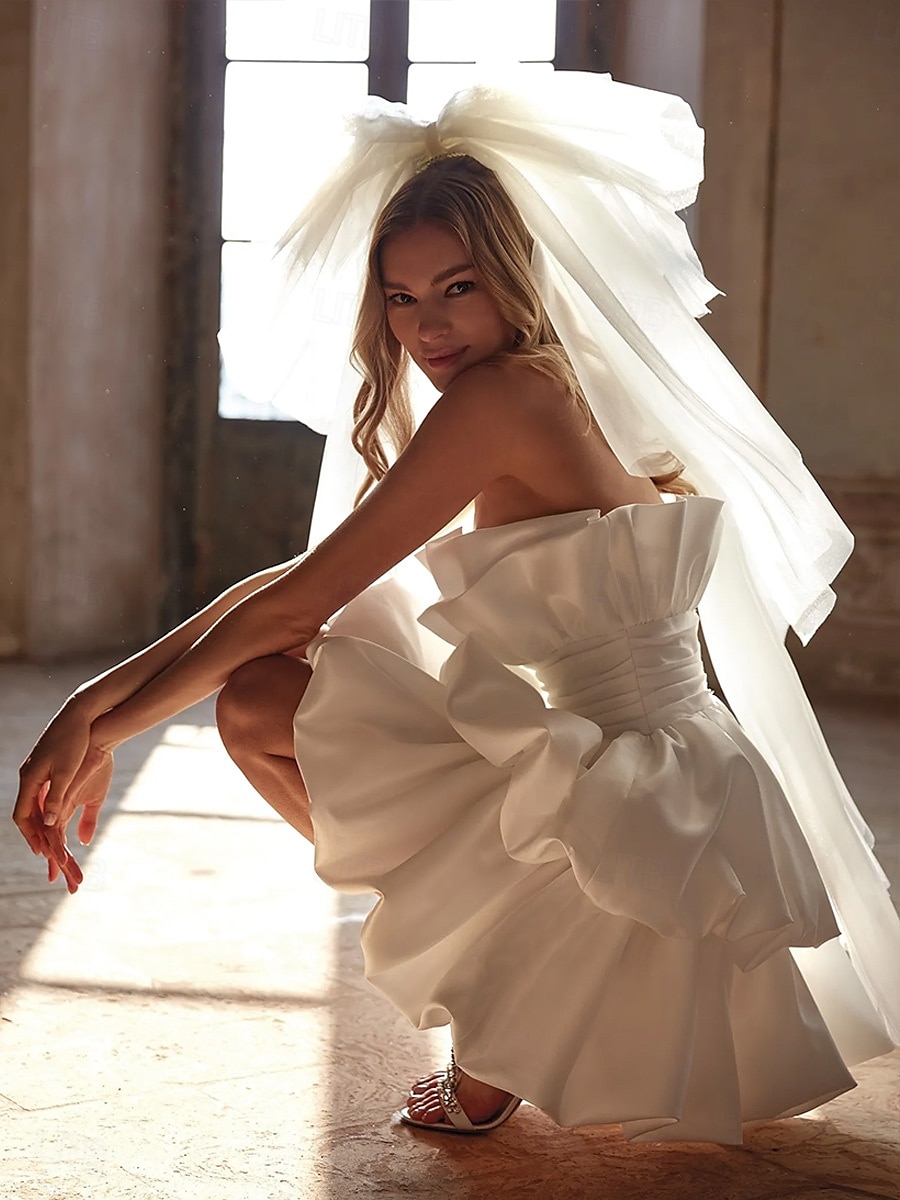 Verloving Little White Dress Bruids Babyshower Jurken Trouw Jurken A-Line Sweetheart Strapless Korte  Mini Satijn Bruidsjurken Met Rimpeling Effen Kleur 2025 - $161.99 –P4