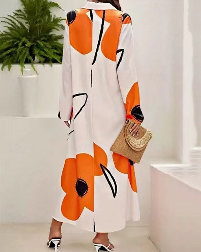 Women's Long Dress Maxi Dress Shirt Dress Casual Dress Summer Dress Stylish Casual Vacation Daily Date Regular Fit Floral Graphic Long Sleeve Lapel Black And White Black Blue Orange Summer Spring 2025 - $26.99 –P8