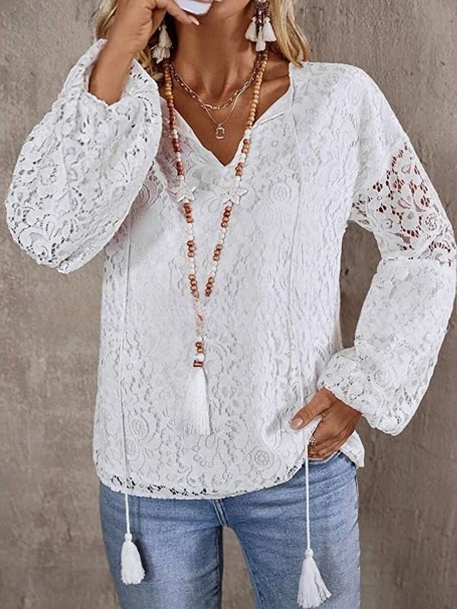 Top in pizzo bianco elegante da donna con occhiello blusa casual colore solido regolare maniche lunghe scollatura a V patchwork in pizzo regolare quotidiano romantico top petite estivi per le vacanze del 2025 a $34.99 –P3