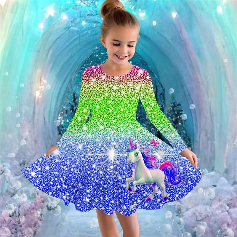 Flickor 3D Grafisk Enhörnings Klänning Långärmad Sommar Vår Semester Dagligen Helgdag Prinsessa Skön Ljuv Barn 4-12 år Vardagsklänning A linjeklänning Knälång Normal 2025 - $16.99 –P4