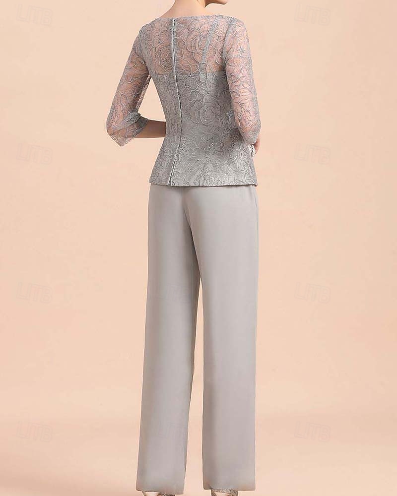 Jumpsuit / Pantsuit Mother of the Bride  Elegant Simple Jewel Neck Ankle Length Chiffon Lace 3/4 Length Sleeve Wrap Included with Pleats Beading Solid Color 2025 - $180.99 –P3