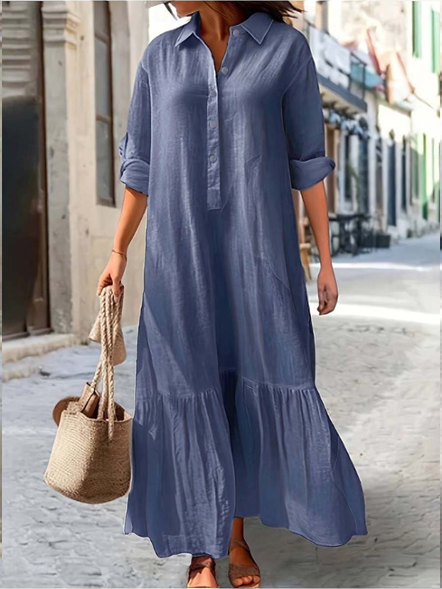 Damen Langes Kleid Maxikleid Leinen-inspirierte Kleider Hawaiianisch Normale Passform Einfarbig Langarm Hemdkragen Fügen Sie Königsblau hinzu Kaki Sommer Frühling 2025 - $26.99 –P1