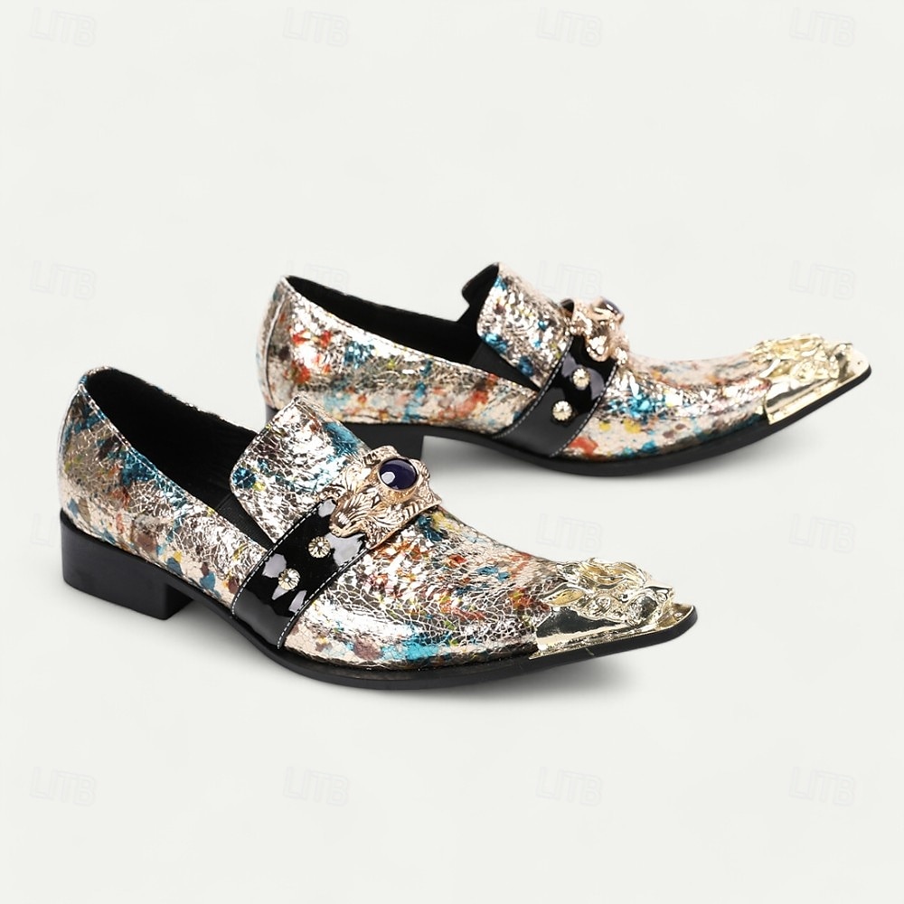 pánské vícebarevné kožené slip-on společenské boty s ozdobnou kovovou špičkou a šperkovým akcentem - prvotřídní formální mokasíny z hovězí kůže na večírky a svatby 2025 - $119.99 –P4