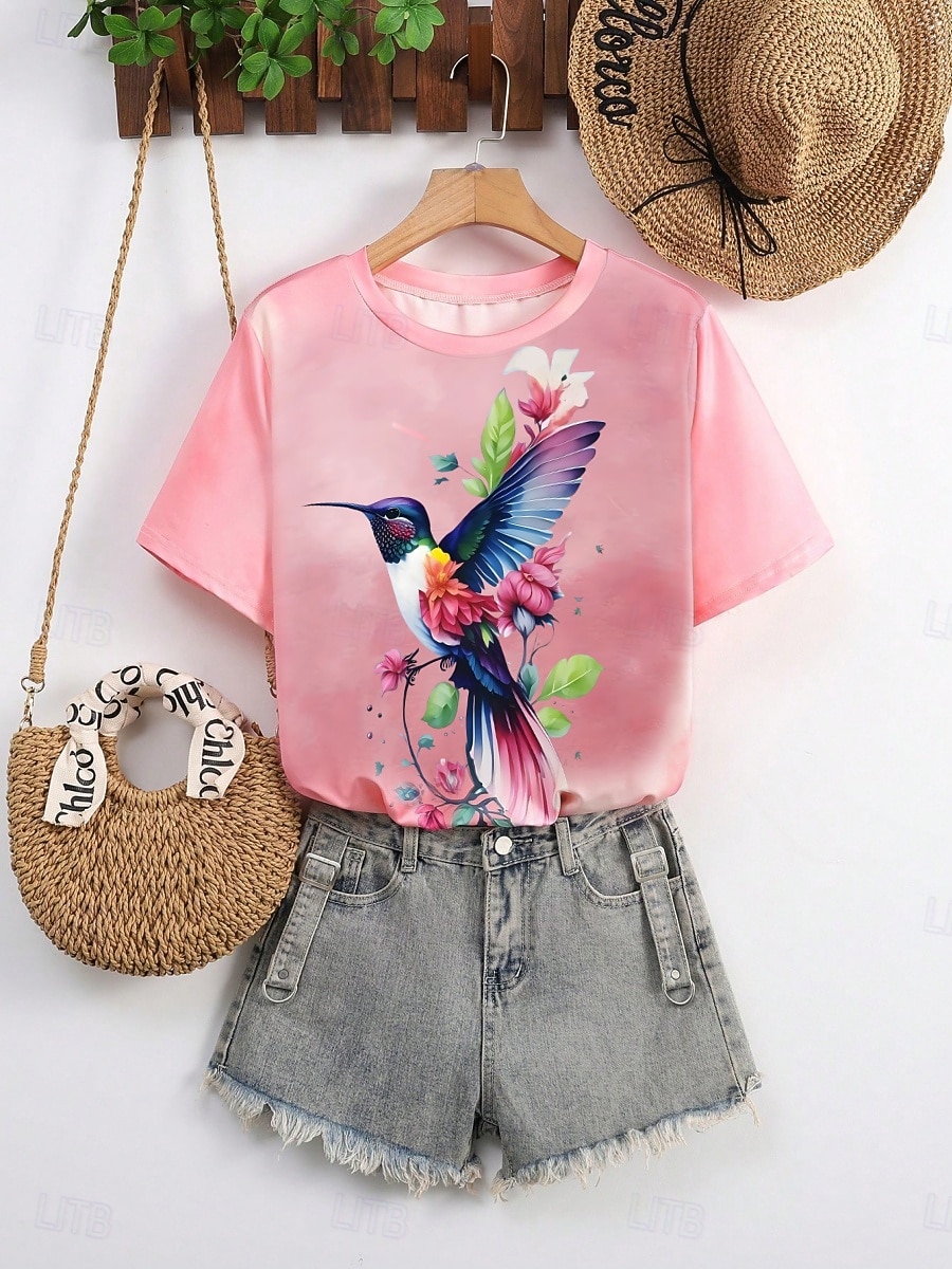 Women's T Shirt Print Floral Bird Casual Short Sleeve Round Neck Regular Tops Daily Pink Summer 2026 - $22.99 –P3