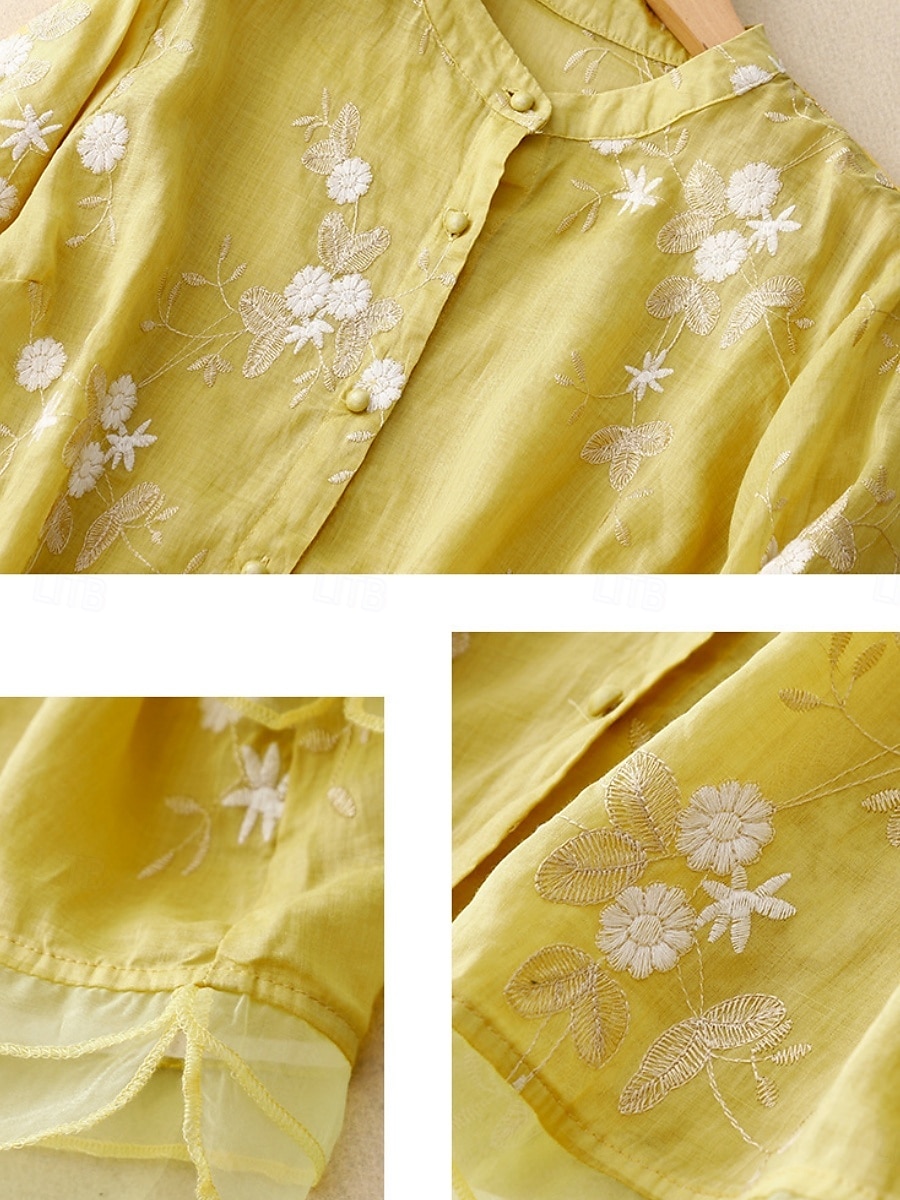 Damen Hemd Baumwoll-Leinen-Hemden Knopfleiste Bluse Blumen Basic Lässig Dreiviertelarm Hoher Ausschnitt Normale Oberteile Täglich Bestickt Knöpfe Gelb Purpur Grün Beige Sommer Frühling Herbst 2025 - $27.99 –P2