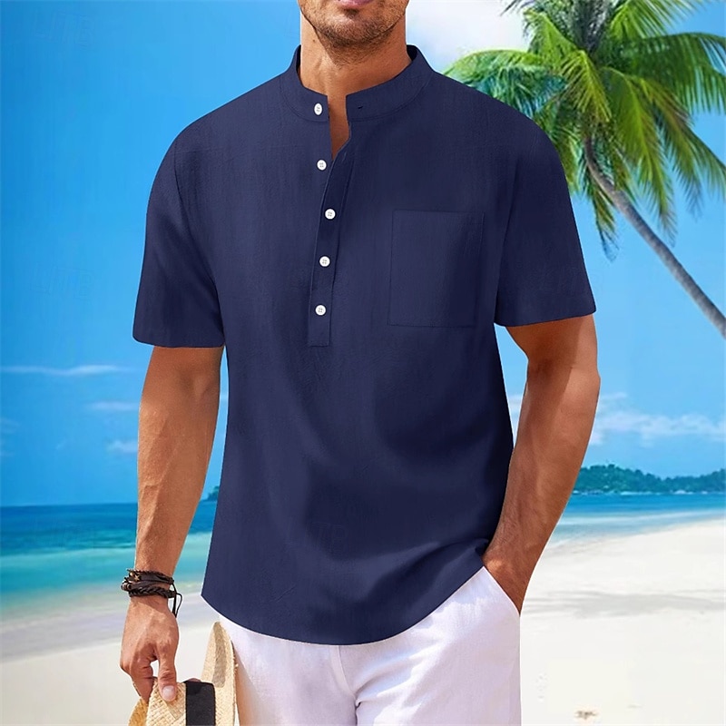 Men's Shirt Linen Shirt Summer Shirt Beach Shirt Solid Color Vacation Daily Black White Navy Blue Khaki Short Sleeve Fold-over Collar Spring & Summer Clothing Apparel 2025 - $25.99 –P6