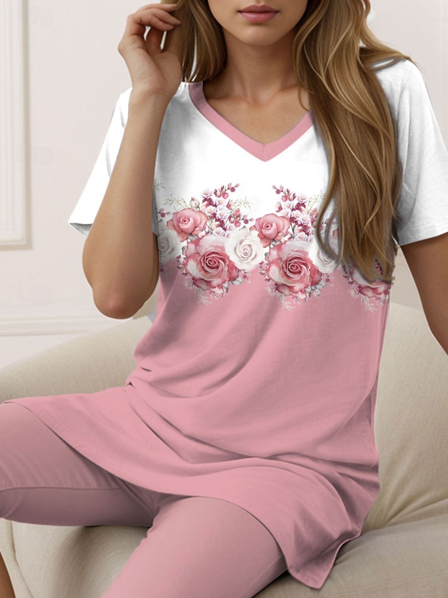 Ensemble de 2 pièces pour femmes t-shirt de mode et shorts shorts longueur sous le genou manches courtes col en V impression florale décontracté quotidien rose été coupe régulière de 2025 ? $29.99 –P2